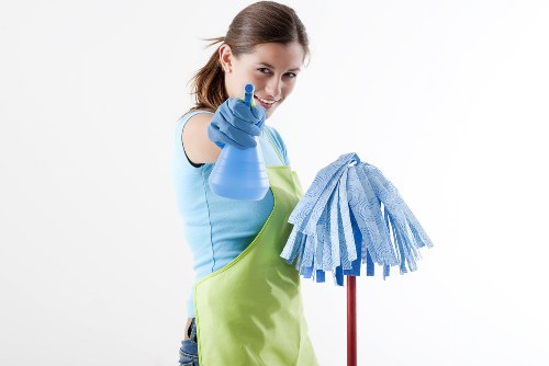 Carpet cleaning team preparing safe equipment and work area