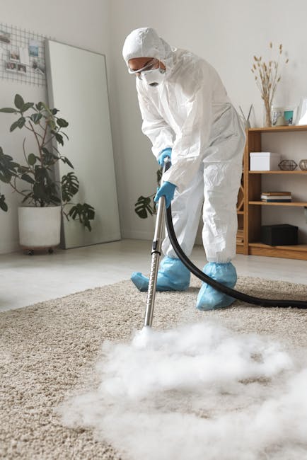 A professional in full protective cleaning attire, including a white jumpsuit, face mask, and blue gloves, is performing deep cleaning on a beige plush carpet using a professional steam cleaning machi